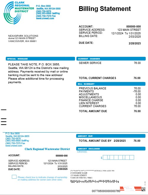 USA Washington Clark Regional Wastewater District business utility bill, Word and PDF template PSD template